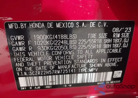 2024 Honda Hr-V Awd Sport/Awd Sport W/O Bsi from USA, damaged, VIN 3CZRZ2H57RM725141